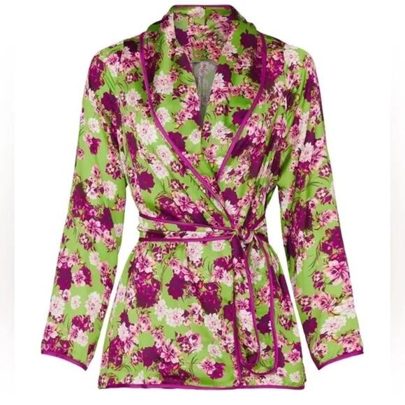 Giovanna Nicolai Green Purple Floral Satin Wrap Tie Top Blouse Sz 40 S - Picture 2 of 6